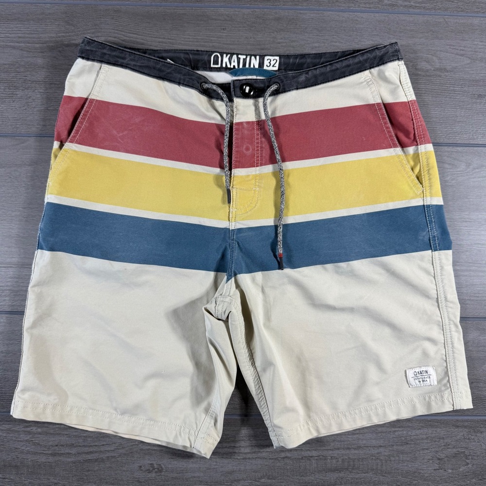 Katin Board Shorts 32 Tan Multi Retro Stripe Stretch Surf Trunks